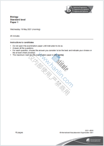 IB生物学2021年真题下载《IB Biology Standard Level Paper 1 Wednesday 19 May 2021》