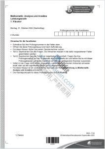 IB数学高等级分析与方法2022年德语版真题下载《IB Mathematik Analyse und Ansätze Leistungsstufe 1. Klausur Montag 31. Oktober 2022》
